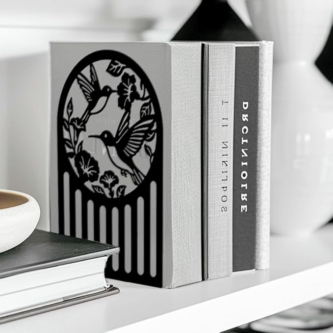 Peacoblue Metal Bookends for Shelves, Modern Decorative Heavy Duty Study Book Ends Stoppers for Office, Desk, Shelf, Room 5.3"x4.3"x7.9" Cast Iron Simple Tall Bookends 1 Pair (Hummingbird and Flower)