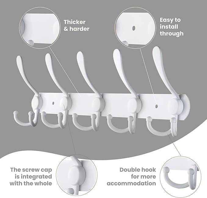 Coat Rack Wall Mounted,5 Tri Stainless Steel Coat Hook for Coat Hat Robes Towel in Mudroom Entryway (White, 2 Pack 5 Hook)
