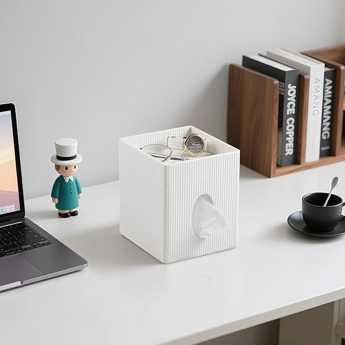 Square Tissue Box Cover with Tray, PU Leather Tissue Box Holder Decorative Cube Tissue Holder for Bathroom Bedroom Office (Cream)