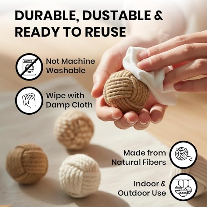 5pc Nautical Rope Balls – 2.5 Inch Each – Handmade Jute and Cotton Decorative Knots – for Rustic Tray Fillers, Wedding Centerpieces, Beach House or Living Room Decor Display