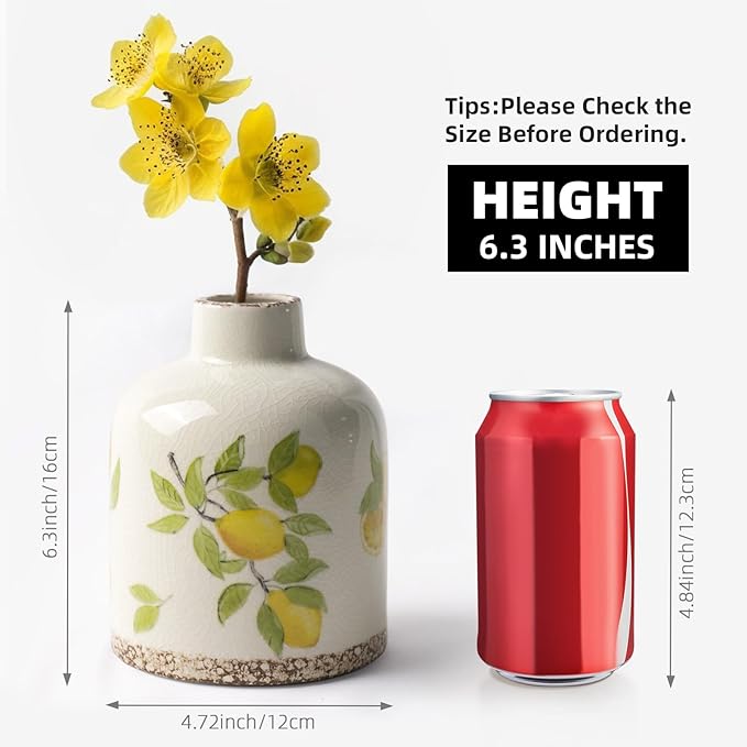 DIF Deco Vintage Lemon Ceramic Vase, Ice Glazed Crack Farmhouse Pitcher Vase for Shelf, Centerpiece Table,Room,Bathroom,Bedroom,Living Room,Office Decorations(5.9 inch)