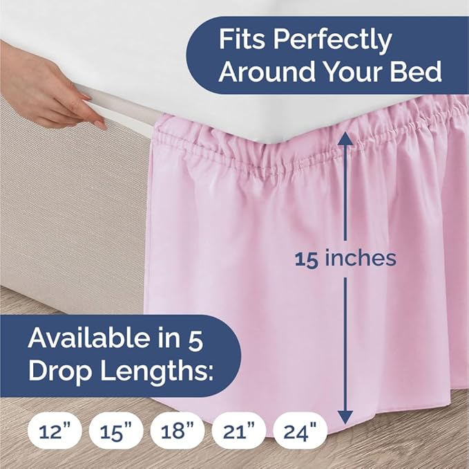 Wrap Around Dust Ruffle Bed Skirt - Light Pink - for King Size Beds with 15 Inch Drop - Elastic Strap - Adjustable Pleated Bedskirt with Brushed Fabric and Wrinkle Free - for Women, Men, Kids & Teens