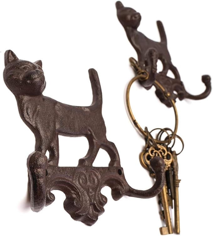 Set of 2 Cast Iron Vintage Dog Wall Hook Decorative Wall Mounted Coat Hooks Rustic Heavy Duty Cute Animal Key Hangers for Dog Leashes, Towels, Hats(Cats)