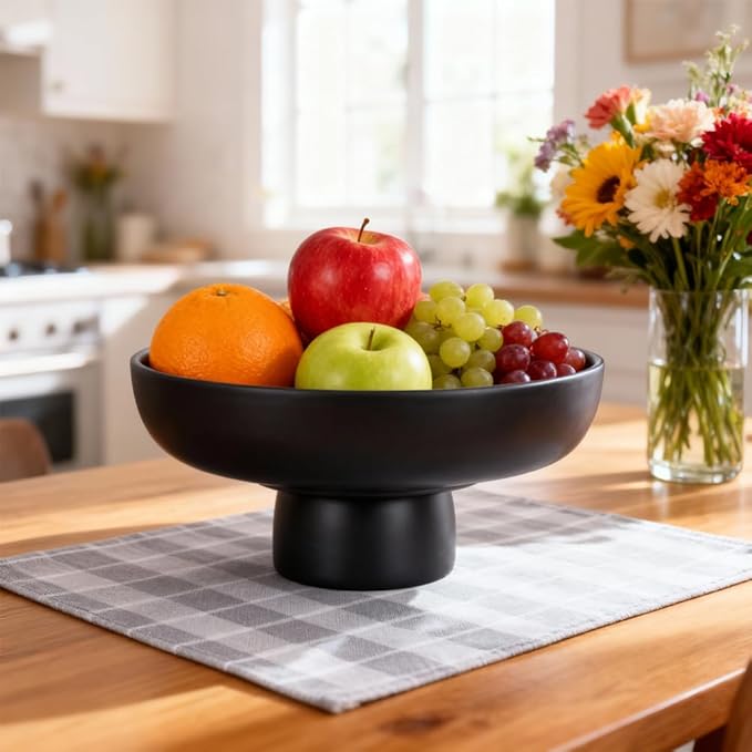 Matte Black Pedestal Bowl, Black Decorative Bowl Centerpiece for Coffee Table, Dining Table & Entryway, Modern Fruit Bowl, Black Key Bowl, Pedestal Bowl for Decorative Fruit