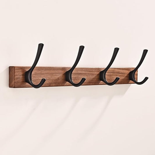17.3" Small Walnut Wood Coat Rack Wall Mount with 4 Hooks, Heavy Duty Wooden Jacket Hanger Door Mounted for Decorative Entryway and Bathroom Hanging Towel Backpack Purse Clothes Hat Key Black