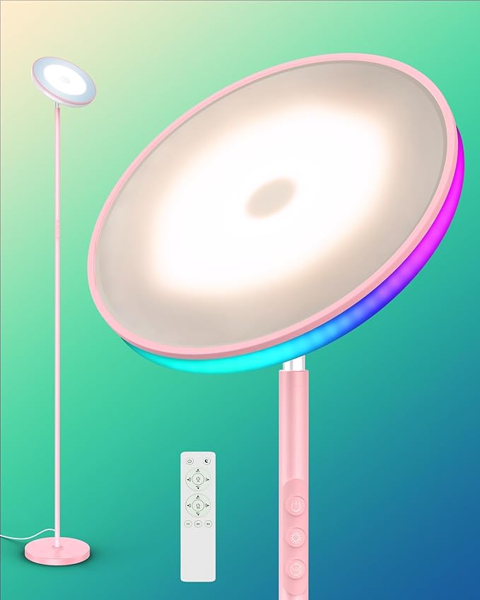 42W Pink Floor Lamp, 3700LM Super Bright Standing Lamp with RGB Side Light, Timer/Memory Function, 2700K-6500K Dimmable LED Lighting for Living Room, Tall Light with Remote & Touch Control