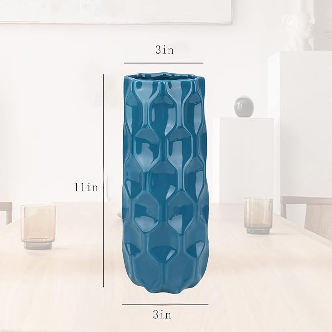 Bdor Ceramic Vase, 11in Flower Vase, Blue Honeycomb Vase for Room Decor, Modern Farmhouse Home DéCor Accents, Living Room Decor, Book Shelf, Mantel and Minimalism Dining Coffee Table Decor.