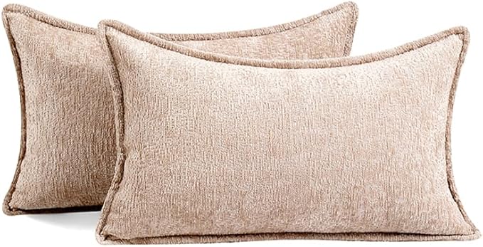 DEZENE Pack of 2 Tan Decorative Throw Pillow Covers 12x20 Cozy Soft Chenille Accent Vintage Rectangular Lumbar Couch Pillow Covers for Home Decor Bed Sofa Living Room
