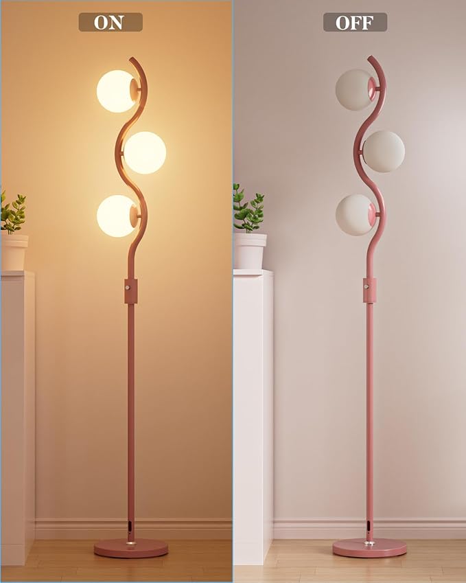 Lightdot 60IN Dimmable Pink Floor Lamp Mid Century Standing Lamps with 3Pcs G9 3000K Warm White Bulbs Stepless Dimming Globe Modern Tall Lamp with Stable Base for Bedroom Office