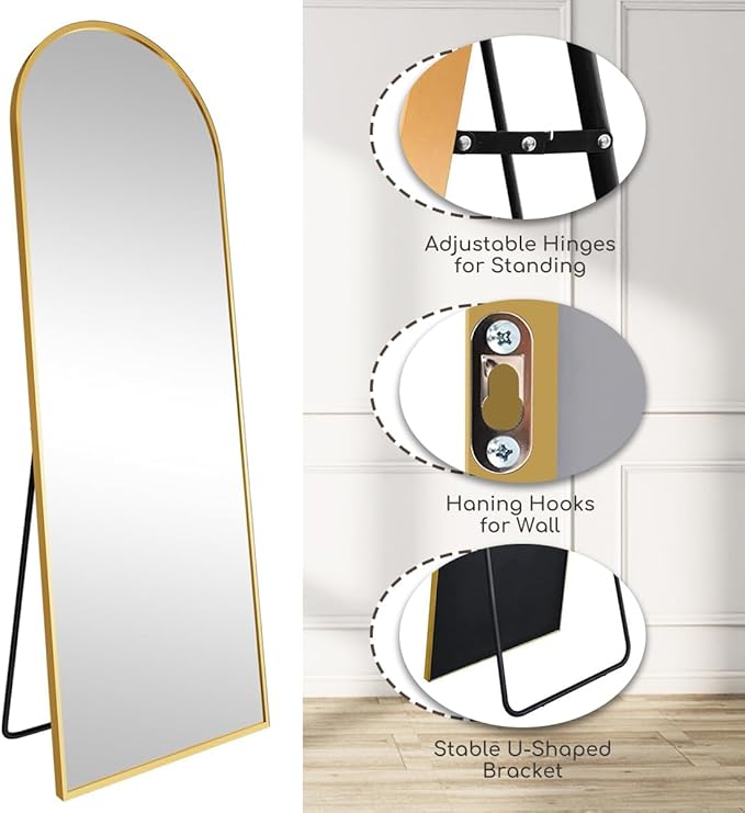 Arched Full Length Mirror, 70"x26" Free Standing Floor Mirror, Modern Full Body Mirrors with Stand, Wall Mirrors with Aluminum Alloy Frame for Bedroom,Living Room, Gold