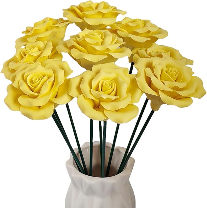 Handmade Porcelain 3D Ceramic Rose Flower, Eternal Flower Decoration for Home Office Decor, Creative Desktop vases, Porcelain Decorations, Set of 9 (Yellow)