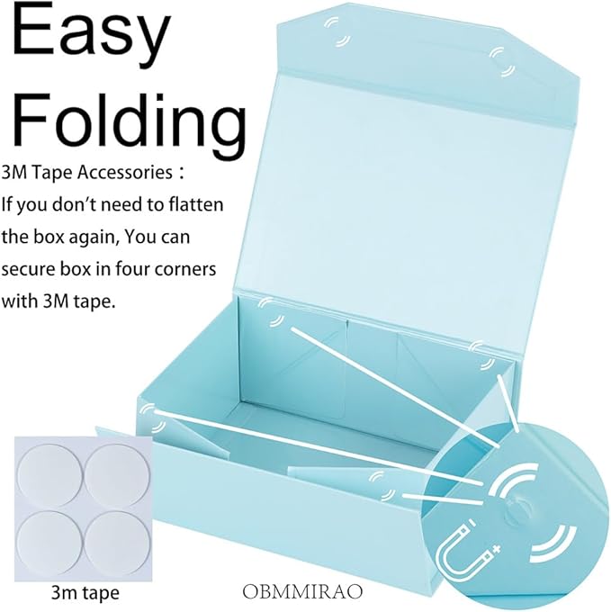 Upgrade 3PCS Blue Gift Box 9.5x7x4 Inches, Sturdy With Lid for Packaging, Foldable Magnetic Closure Storage, Bridesmaid Proposal, Rectangle Collapsible