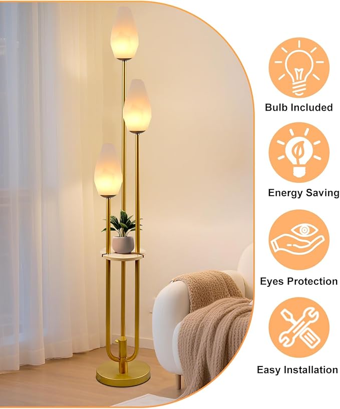 ACOHOOK Gold Floor Lamp with Tray, 3-Lights Dimmable Floor Lamps with Rock-Shaped Shade, Unique Candle Holder Style Modern Tall Standing Lamp for Living Room/Party(Bulbs Included)