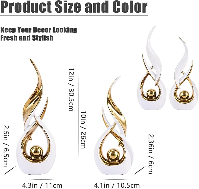 Gold Ceramic Abstract 2 Piece Statue Set,Mid Century Modern Abstract Art Home Decor Statue Mantelpiece on Unique Shelf Decor, TV Cabinet Divider Table top and Dining Table Centerpiece (White Gold)