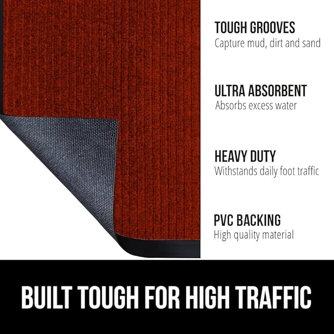 GORILLA GRIP Waterproof Traffic Guard Door Mat, 60x36, Heavy Duty Entryway Mats, Strong Backing Commercial Utility Rugs for Office Hallway, Garage Floor and Home, Low Profile Carpet Runner, Red