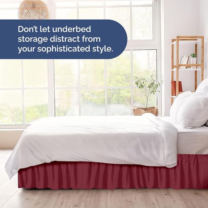 Wrap Around Dust Ruffle Bed Skirt - Burgundy - Twin/Twin XL Size Beds with 24 Inch Drop - Easy Fit Elastic Strap - Adjustable Pleated Bedskirt w/Brushed Fabric Wrinkle Free - Women, Men, Kids & Teens