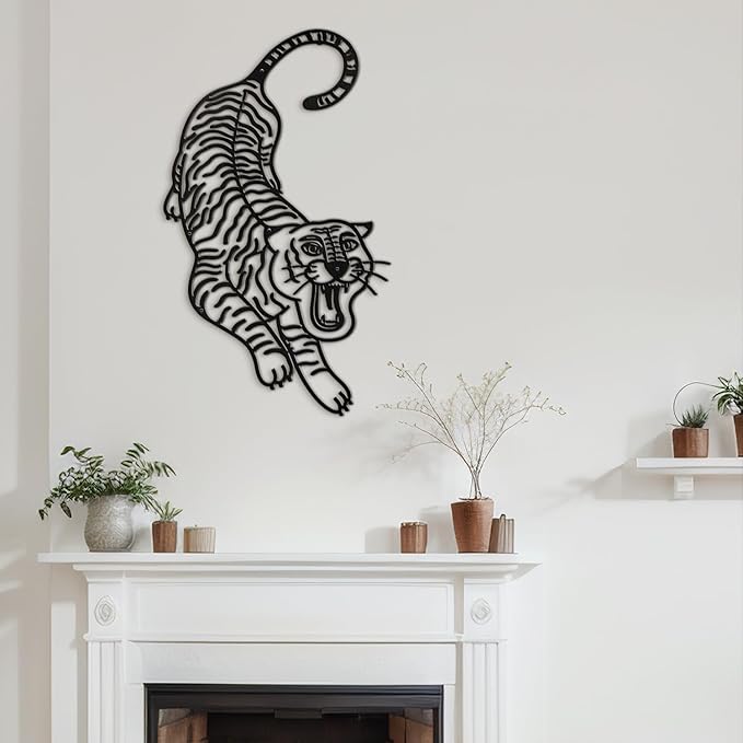 SIGNLEADER Metal Wall Art Decor Tiger Minimalist Modern Abstract Wall Sculpture Hangings Home Decoration for Living Room, Bedroom, Bathroom, Kitchen, Outdoor - 18" Black