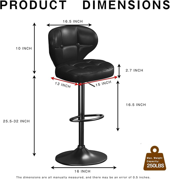 Bar Stools Set of 2, Adjustable Swivel Bar Chairs with Backrest and Footrest, Modern PU Leather Upholstered Counter Height Stools for Kitchen Island, Bar, Dining Room Black
