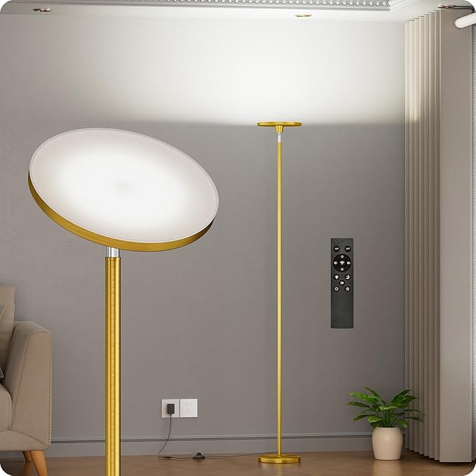 Nukanu Dimmable Floor Lamp with Remote，Floor Lamps for Living Room Bedroom Office，Adjustable Brightness (10%-100%) and Color Temperature (3000k- 6000k)，Standing Lamp Tall Lamp with Foot Switch (Gold)