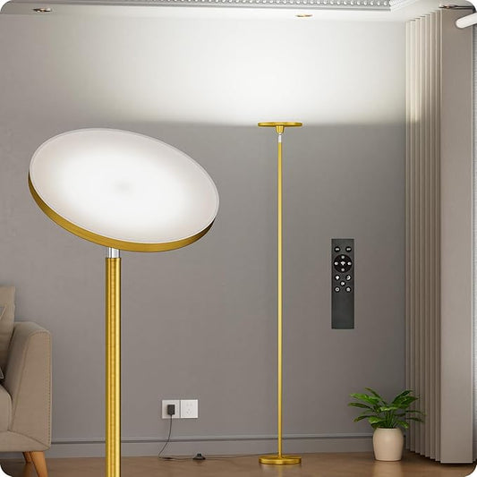 Nukanu Dimmable Floor Lamp with Remote，Floor Lamps for Living Room Bedroom Office，Adjustable Brightness (10%-100%) and Color Temperature (3000k- 6000k)，Standing Lamp Tall Lamp with Foot Switch (Gold)
