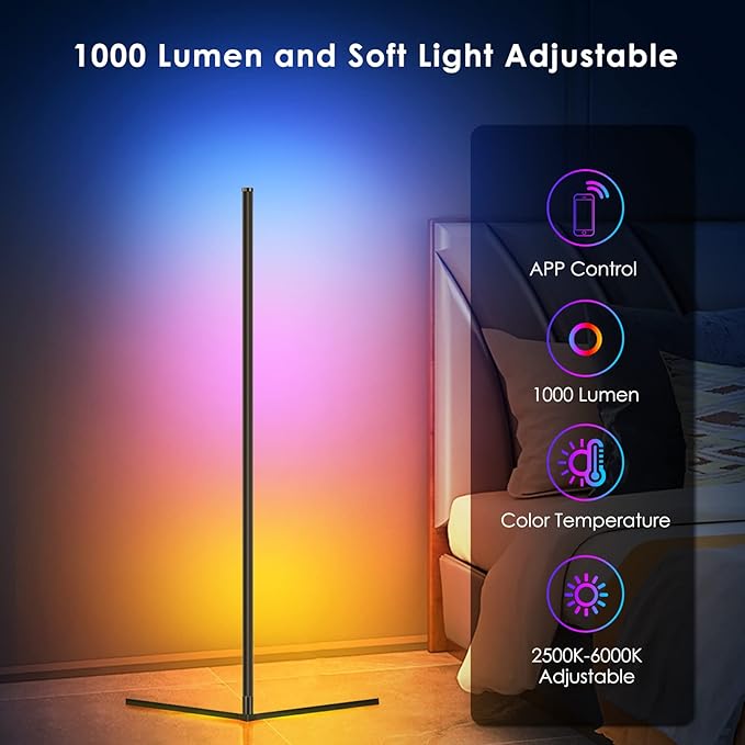2PCS Corner Floor Lamp RGB Color Changing LED Modern Floor Lights with Bluetooth APP and Remote Control Music Sync, 65" RGB Mood Lighting 24H Timing 398+ DIY Modes