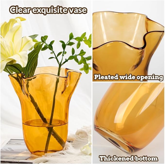 8 inch Amber Glass Vases Clear Flower Vases for Centerpiece, Large Crystal Vases for Flowers Wide Mouth Vase for Home Office Living Room Shelf Wedding Decor (Amber)