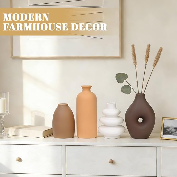 Ceramic Flower Vase Set, Modern Farmhouse Decor Vases for Home Table Centerpiece - Rustic Flower Vases for Living Room, Kitchen, Shelf, Bedroom, Office, Bathroom, Dining and Coffee Table Decor