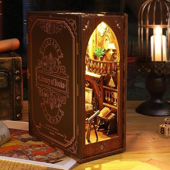 suruim DIY Book Nook Kit Bookend Puzzle Miniature Nook Library Bookshelf Insert Bookends Decoration Books Ornaments Gifts for Adults(Library)