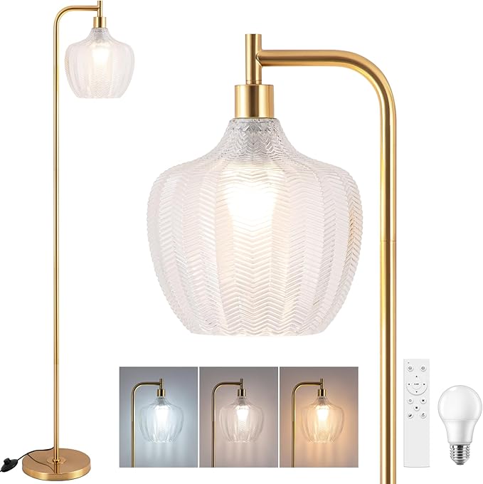 JERANDO Gold Floor Lamp for Living Room, Modern Standing Lamp with Remote, Dimmable Clear Glass Tall Lamp, Mid Century Vintage Floor Lamps for Bedroom, Study Room (Clear)