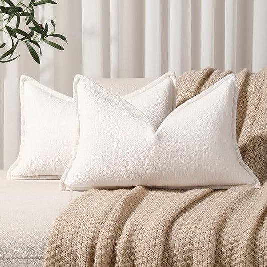 DEZENE Pack of 2 Cream White Decorative Throw Pillow Covers 12x20 Cozy Soft Chenille Accent Vintage Rectangular Lumbar Couch Pillow Covers for Home Decor Bed Sofa Living Room