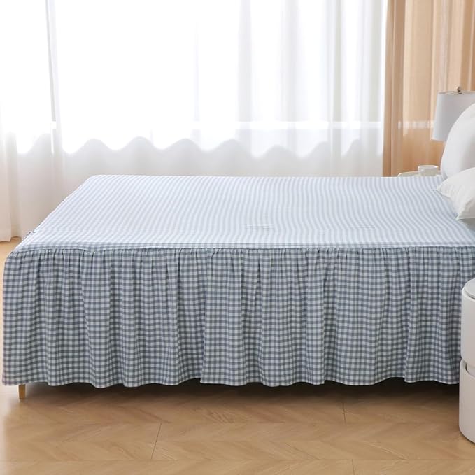 Silnuo Blue/White Plaid Bed Skirt Washed Cotton Shabby Gingham Checkered Dust Ruffle King Size 14" Bedding(1 Bed Skirt Only)