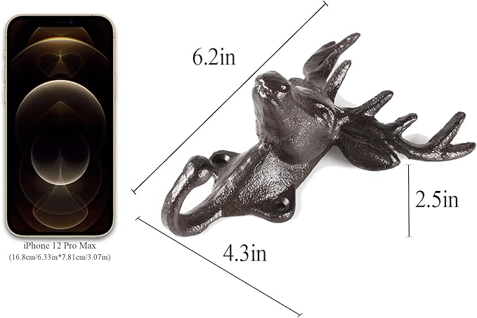 BRASSTAR 3PCS Cast Iron Deer Head Single Wall Coat Hook Hanging for Coats, Bags, Hats, Towels, Keys, Rustic Retro Home Decorative Gift TQGJPT267-03