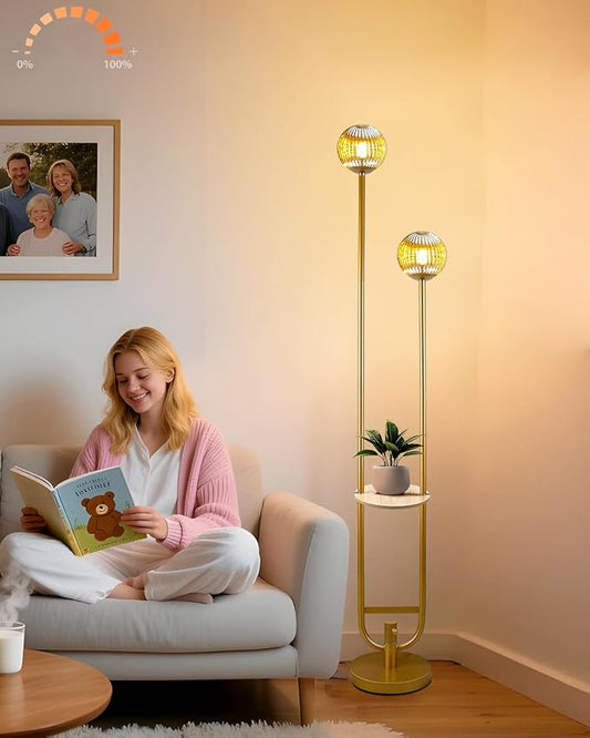 ACOHOOK Glass Floor Lamp with Tray, Gold Dimmable Globe Floor Lamp for Wedding/Party, 2Pcs 3000K Soft Warm White Bulbs Included, Mid Century Modern Standing Lamps for Living Room Bedroom