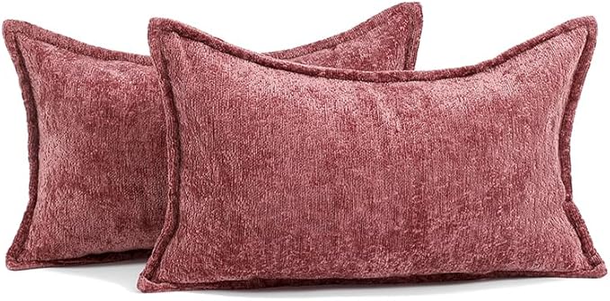 DEZENE Pack of 2 Christmas Burgundy Fall Decorative Throw Pillow Covers 12x20 Cozy Soft Chenille Accent Vintage Rectangular Lumbar Couch Pillow Covers for Home Decor Bed Sofa Living Room