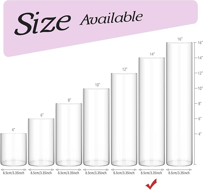 6 Pack Glass Cylinder Vases 14 Inch Tall Clear Flower Vase for Centerpieces, Hurricane Floating Candle Holder Wedding Decorations, Floral Vase Bulk for Table Shelf Party Home Deco (14 x 3.35 Inch)