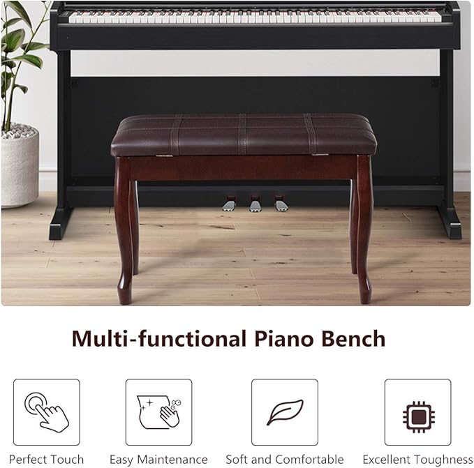 GOFLAME Piano Bench Stool with Padded Cushion and Music Storage, Heavy Duty Piano Duet Seat with PU Leather Padded Seat and Solid Wooden Legs, Perfect for Home Use (Brown)