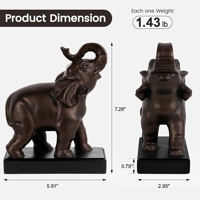 Elephant Decorative Bookends, Bookends for Shelves, Book Ends for Heavy Books with Anti-Slip Pad for Book Lovers Heavy Book Holder for Home Office Decor (Bronze)