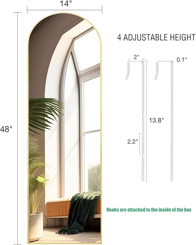 Full Length Mirror 48x14 Inches - Over The Door Hanging Mirror for Bedroom, Living Room, Closet - Arch Floor Mirror, Door Mirror with Gold Frame - No Drill Easy Install
