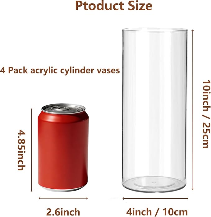4 Pack Acrylic Cylinder Vases for Centerpieces,10 inch Tall Clear Flower Vases, Unbreakable Vases,Hurricane Candle Holders Floating Candle Vase for Wedding Dinner Table Party Living Room Decor
