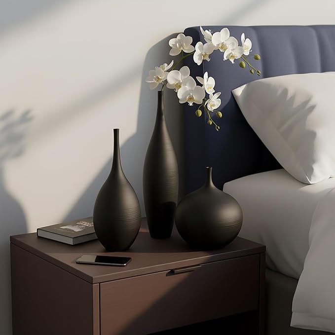 Black Ceramic Vases Set of 3, Modern Boho Vases for Centerpiece Decor, Matte Minimalist Decorative Vases for Home Decor, Living Room, Bookshelf, and Entryway Table Decor