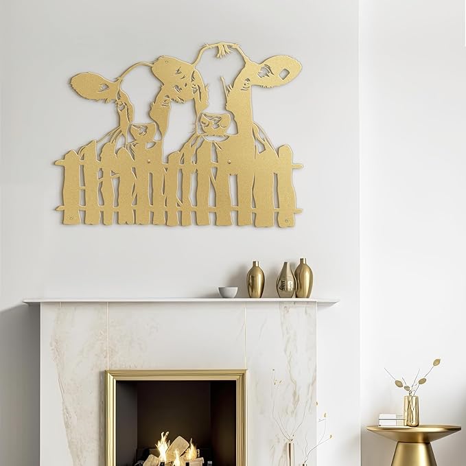 SIGNLEADER Metal Wall Art Decor Two Cows at the Fence Minimalist Modern Abstract Wall Sculpture Hangings Home Decoration for Living Room, Bedroom, Bathroom, Kitchen, Outdoor - 18" Gold