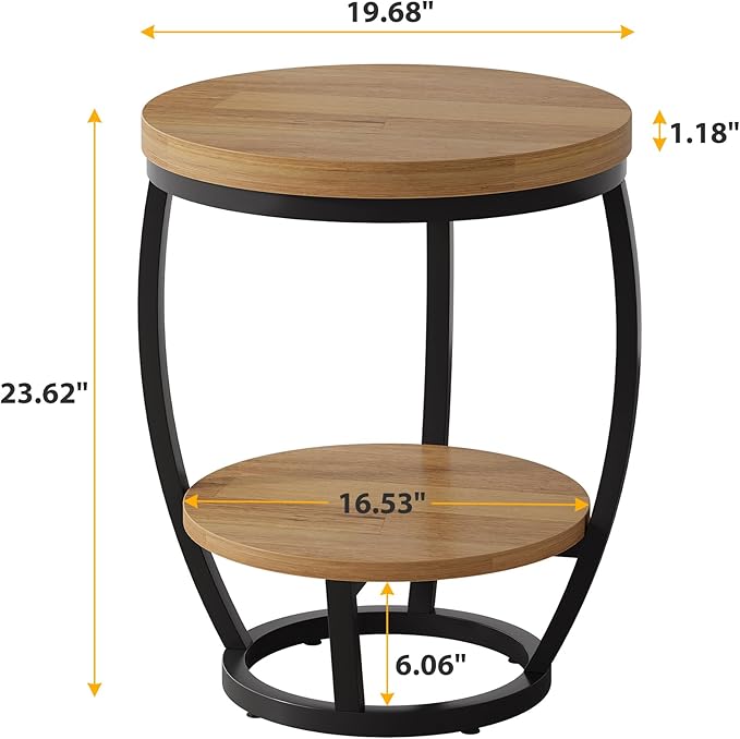 Round End Table, 2 Tier Industrial Side Table, Nightstand with Metal Frame, Accent Bedside Table with Storage Shelves for Living Room, Bedroom, Small Spaces, Light Brown & Black