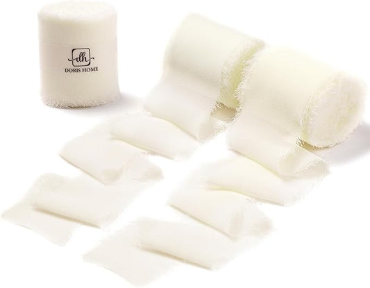 DORIS HOME Cream White Chiffon Ribbon for Flower Bouquet, 2" x21Yd Fabric Ribbon for Gift Wrapping, Handmade Frayed Ribbon for Wedding/Christmas Decorations