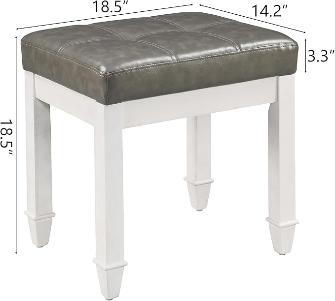 Vanity Stool Bench with Faux Leather Upholstered , Makeup Dressing Bench with Solid Wood Leg, Piano Bench Stools, Child Stool,18.5"L x 14.2"W x 18.5"H Stools, White Leg & Dark Gray Surface FD2405PGY