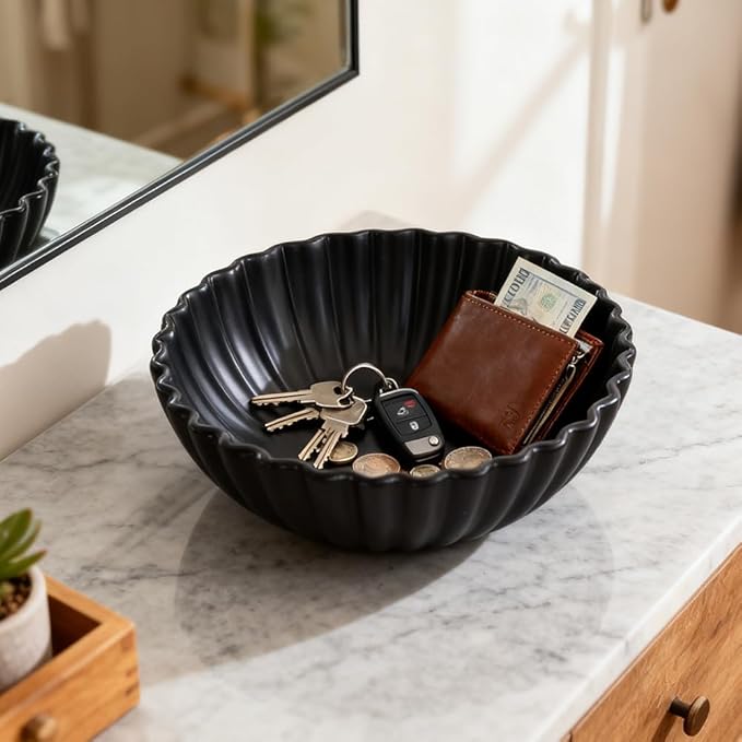 Large Black Fluted Decorative Bowl – Modern Ruffle Bowl for Kitchen, Living Room, Entryway & Coffee Table Décor, Multifunctional Black Fruit Bowl for Keys, Decorative Storage for Home