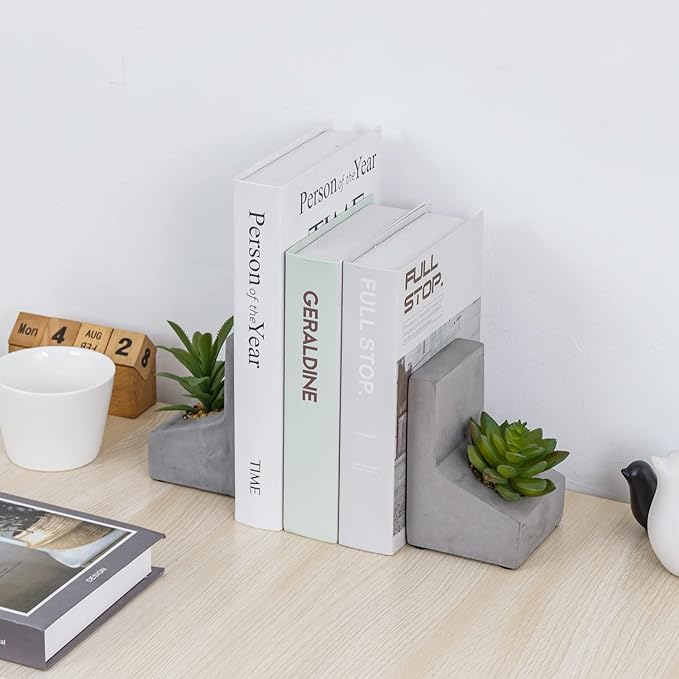 MyGift Decorative Bookends for Heavy Books, Book Ends with Planted Artificial Succulent Plants, Book Stands for Shelves Desktop, 1 Pair, L-Shaped Concrete