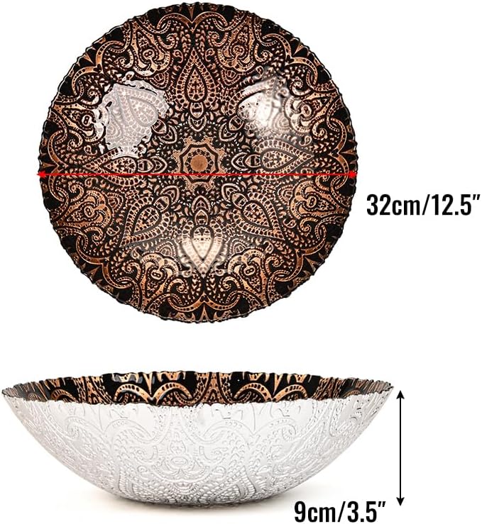 Sungmor 2PC 12.5'' Large Thick Glass Fruit Bowls, Moroccan Style Decorative Serving Bowls, Beautiful Centerpiece Snacks Bowl, Salad Mixing Bowl, Kitchen Counter Display Tray for Breads, Vegetables