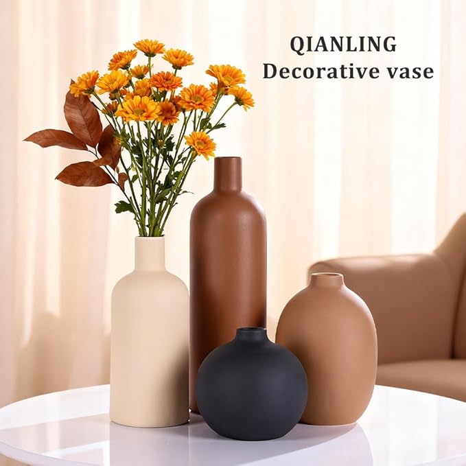 Ceramic Vase Set of 4, Modern Vases Home Decor, Neutral Decorative Vase for Bouquet Pampas Grass Dried Fresh Flowers, Small Vase for Living Room, Kitchen, Bedroom, Bathroom, Entryway Mantel, Decor