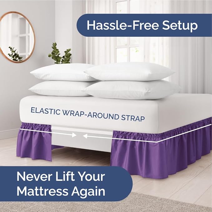 Wrap Around Dust Ruffle Bed Skirt - Purple - Twin/Twin XL Size Beds with 21 Inch Drop - Easy Fit Elastic Strap - Adjustable Pleated Bedskirt w/Brushed Fabric - Wrinkle Free - Women, Men, Kids & Teens