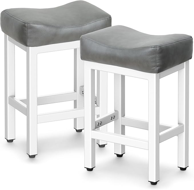 Counter Height Bar Stools Set of 2, 24 Inch Barstools for Kitchen Island Counter, Bonded Leather Kitchen Stools with Thick Saddle Seats & Heavy Duty Metal Base, Easy Assembly, Gray/White